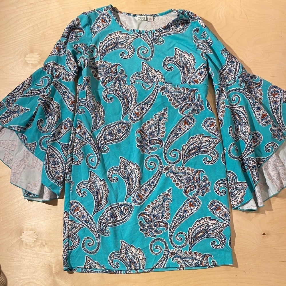 Cato Teal and White Paisley Bell Sleeve Dress XL (PF)